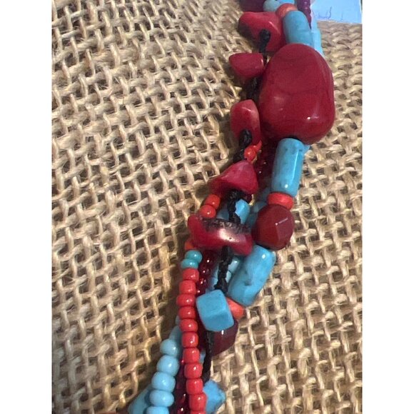 Southwestern Multi Strand Simulated Red Coral Howlite Necklace Antique Gold Adj - Picture 3 of 5